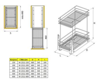 Teljes kihúzású fémrács 150mm, KRÓM fenéklapra szerelhető fékes 2.Kép