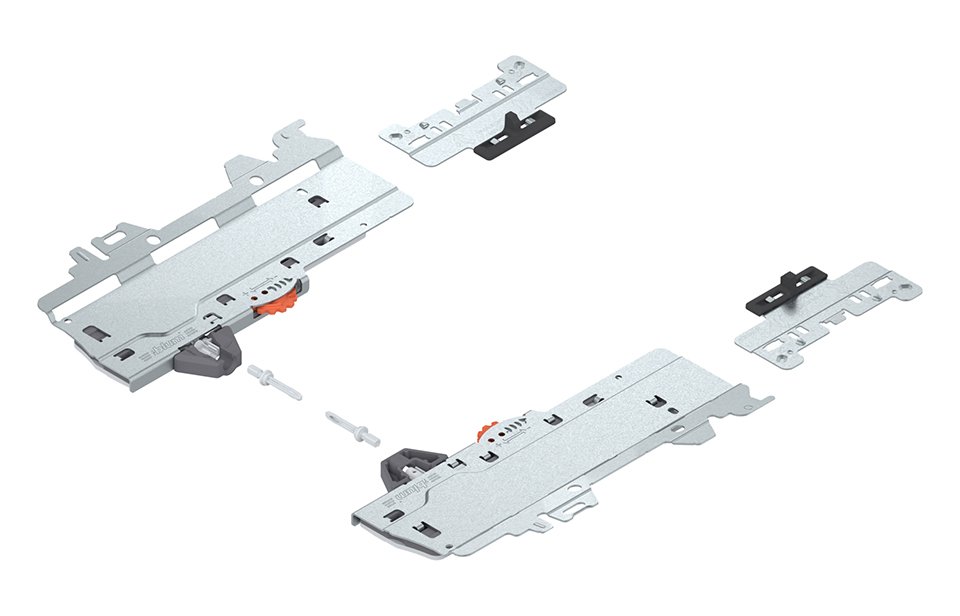 BLUM Szett (TIP-ON BLUMOTION egység  MERIVOBOX  Típus S1 349 mm  Kihúzó j+b R7035 fényesszürke