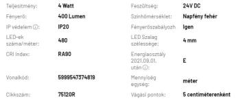 LED SZALAG BELTÉRI 24V, 4 WATT, 4 MM COB/480 LED, ~400 LUMEN,  4000-4500K (NAPFÉNY FEHÉR) 2.Kép