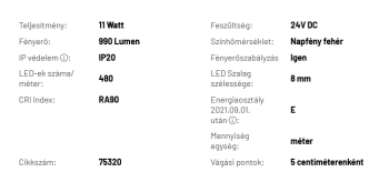 LED SZALAG BELTÉRI 24V, 11 WATT, 8 MM COB/480 LED, ~990 LUMEN, 4000-4500K (NAPFÉNY FEHÉR) 2.Kép