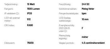 LED Szalag beltéri 24V, meleg fehér 15 Watt,10 mm COB/512 LED, ~1500 Lumen,  2800-3200K 2.Kép