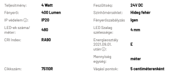 LED Szalag beltéri 24V, 4 Watt 4 mm  COB/480 LED, ~400 Lumen 6000-6500K 6000-6500K (hideg fehér) 2.Kép