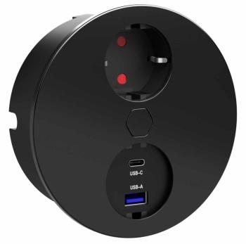 HKT Duplex Q dugalj 1x230V+1USB-A 2,1 A+ 1USB-C 3,4 A fekete elektromosan mozgatható fedéllel (kör alakú) Kép