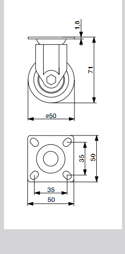 Riex GC53 kerék D50, fix, talp 50x50 mm, puha futófelülettel, szürke 2.Kép