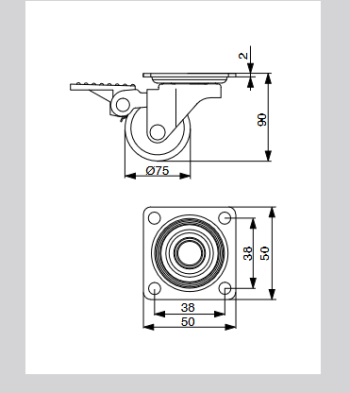 Riex GC70 bútorgörgő D75, talp 50x50 mm, puha futófelülettel, fékezhető, átlátszó fehér 2.Kép