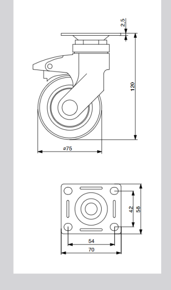 Riex GC64 bútorgörgő D75, talp 95x66 mm, puha futófelülettel, fékezhető, szürke 2.Kép