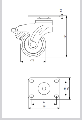 Riex GC62 bútorgörgő D75, talp 65x95 mm, puha futófelülettel, fékezhető, szürke 2.Kép