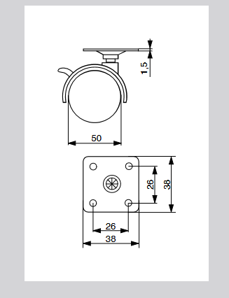 Riex GT05 bútorgörgő D50, talp 38x38x1,5 mm, fékezhető, fekete 2.Kép