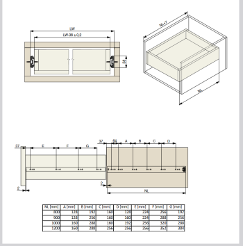 Riex NB75 golyós fióksín, teljes kihúzás , 120 kg/100 kg, H57, 2.0*2.0*2.2 mm, 10 00 mm 2.Kép
