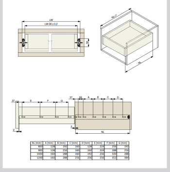 Riex NB75 golyós fióksín, teljes kihúzás , 120 kg/90 kg, H57, 2.0*2.0*2.2 mm, 120 0 mm 2.Kép
