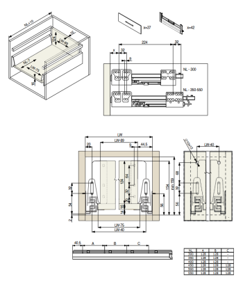 Riex NX40 2 db-os magasító korlát készle t hátsó tartóval, szögl. keresztmetszetű , 140/450 mm, szürke 2.Kép